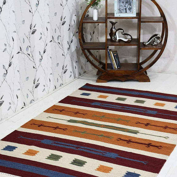 Rugsotic Carpets Handmade Rugs Hand Woven Kilim Rectangle 3'x5' Multicolor Wool for Indoor Use