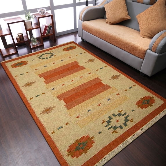 Rugsotic Carpets Eco-Friendly Woven Hand Woven Kilim Flat Weave White Rust Contemporary Area Rug, 3'x5' Rectangle, Antimicrobial