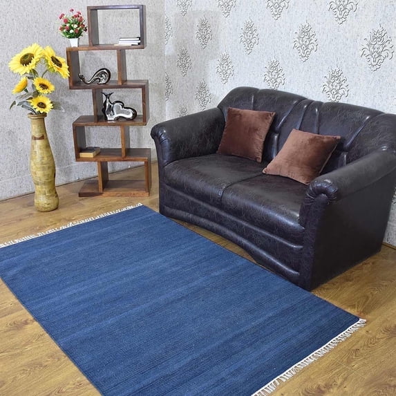 Rugsotic Carpets Handmade Rugs Hand Woven Kilim Rectangle 4'x6' Blue Wool for Indoor Use