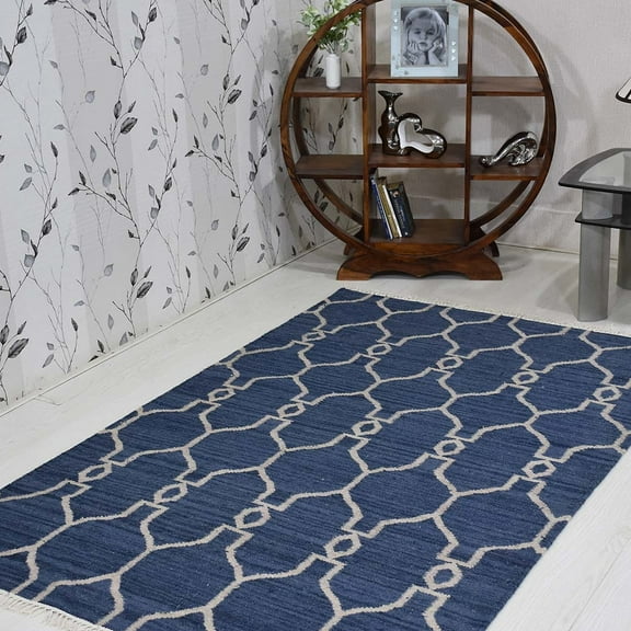Rugsotic Carpets Handmade Rugs Hand Woven Kilim Rectangle 4'x6' Blue White Wool for Indoor Use