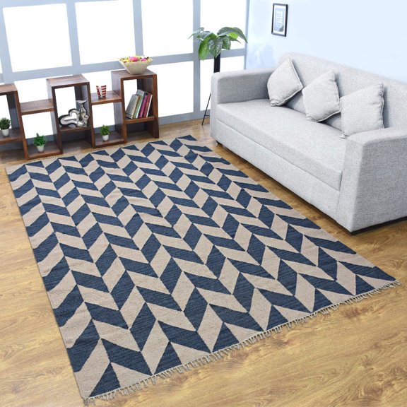 Rugsotic Carpets Hand Woven Flat Weave Kilim Wool Eco-Friendly 4'x6' Area Rugs Rectangle Blue White Contemporary Modern Design Low Pile Indoor Handmade Rug for Living Room, Bedroom D00133