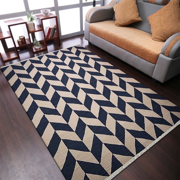Rugsotic Carpets Eco-Friendly Woven Hand Woven Kilim Flat Weave Blue White Contemporary Area Rug, 4'x6' Rectangle, Antimicrobial