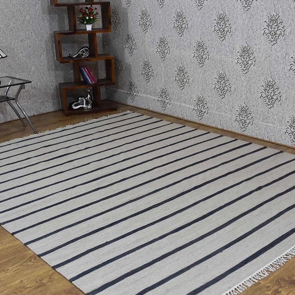 Rugsotic Carpets Handmade Rugs Hand Woven Kilim Rectangle 4'x6' Cream Charcoal Wool for Indoor Use