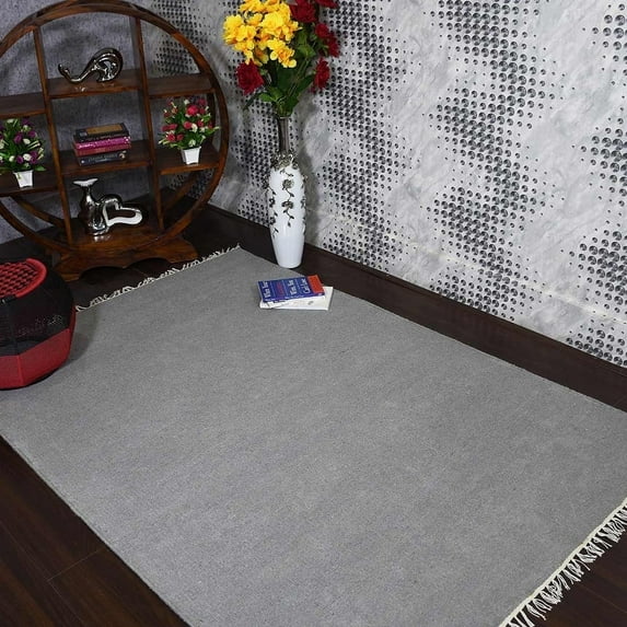 Rugsotic Carpets Eco-Friendly Woven Hand Woven Kilim Flat Weave Light Silver Solid Area Rug, 4'x6' Rectangle, Antimicrobial