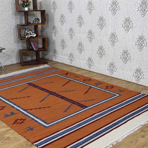 Rugsotic Carpets Eco-Friendly Woven Hand Woven Kilim Flat Weave Orange Blue Contemporary Area Rug, 4'x6' Rectangle, Antimicrobial