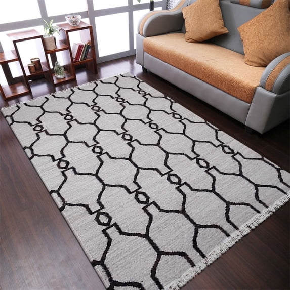 Rugsotic Carpets Eco-Friendly Woven Hand Woven Kilim Flat Weave White Brown Contemporary Area Rug, 4'x6' Rectangle, Antimicrobial