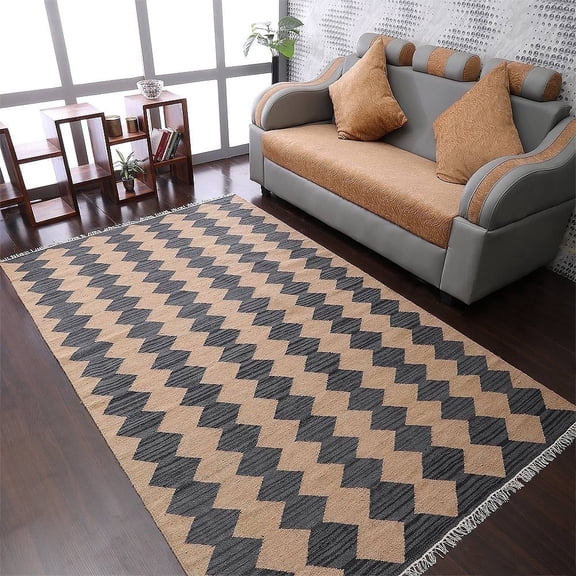 Rugsotic Carpets Eco-Friendly Woven Hand Woven Kilim Flat Weave Brown Charcoal Contemporary Area Rug, 5'x8' Rectangle, Antimicrobial