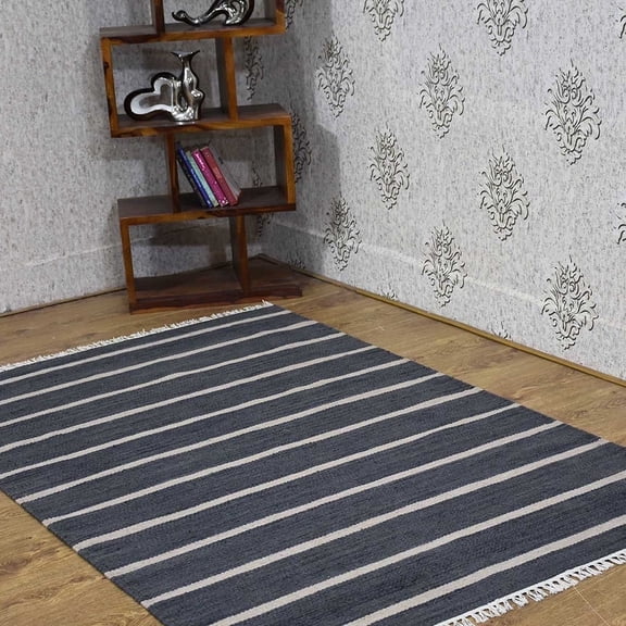 Rugsotic Carpets Eco-Friendly Woven Hand Woven Kilim Flat Weave Charcoal Cream Contemporary Area Rug, 5'x8' Rectangle, Antimicrobial