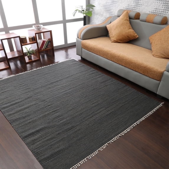 Rugsotic Carpets Eco-Friendly Woven Hand Woven Kilim Flat Weave Charcoal Solid Area Rug, 6'x6' Square, Antimicrobial