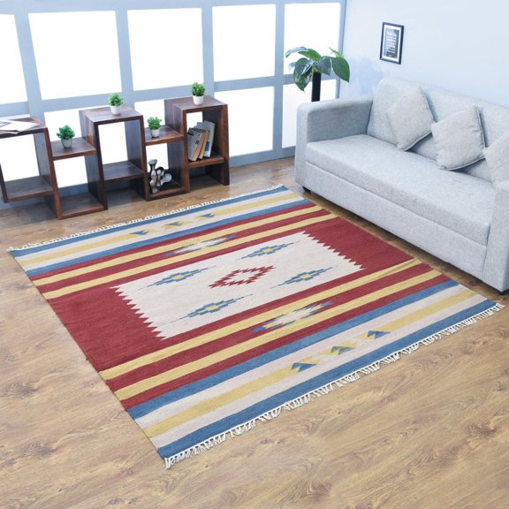 Rugsotic Carpets Hand Woven Flat Weave Kilim Wool Eco-Friendly 6'x6' Area Rugs Square Multicolor Contemporary Modern Design Low Pile Indoor Handmade Rug for Living Room, Bedroom D00124
