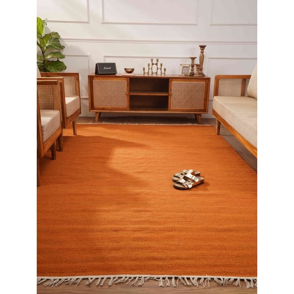 Rugsotic Carpets Eco-Friendly Woven Hand Woven Kilim Flat Weave Dark Orange Solid Area Rug, 6'x9' Rectangle, Antimicrobial