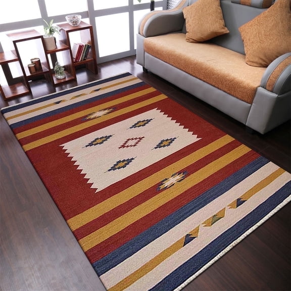 Rugsotic Carpets Eco-Friendly Woven Hand Woven Kilim Flat Weave Multicolor Contemporary Area Rug, 6'x9' Rectangle, Antimicrobial