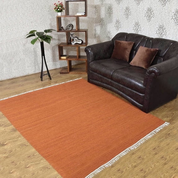Rugsotic Carpets Eco-Friendly Woven Hand Woven Kilim Flat Weave Dark Orange Solid Area Rug, 8'x8' Square, Antimicrobial
