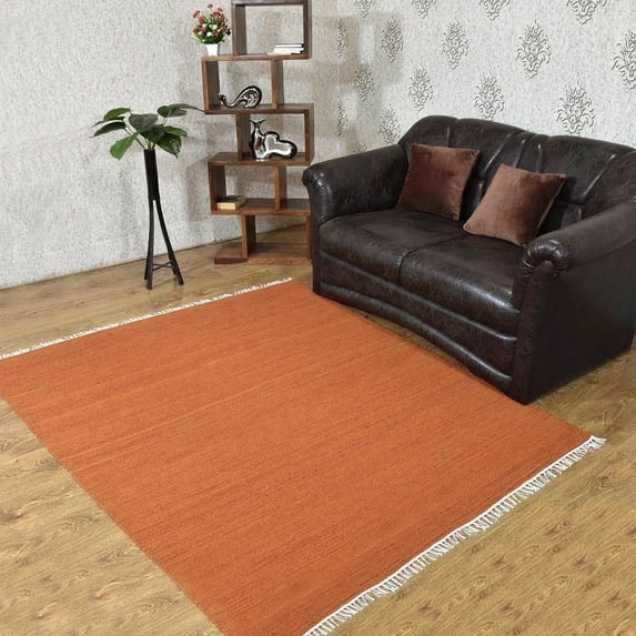 Rugsotic Carpets Handmade Rugs Hand Woven Kilim Square 8'x8' Dark Orange Wool for Indoor Use
