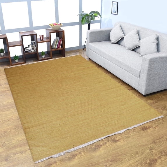 Rugsotic Carpets Eco-Friendly Woven Hand Woven Kilim Flat Weave Gold Solid Area Rug, 9'x12' Rectangle, Antimicrobial