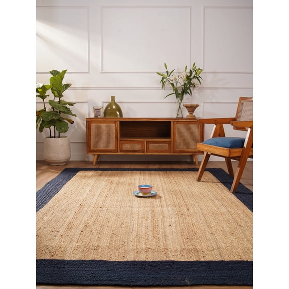 Rugsotic Carpets Hand Woven Jute Eco-Friendly 10'x13' Area Rugs Rectangle Beige Blue Contemporary High Pile Natural Fiber Outdoor Indoor Handmade Rug for Living Room, Bedroom J00026