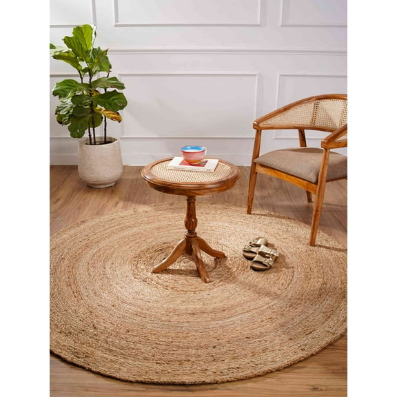 Rugsotic Carpets Hand Woven Jute 4'x4' Round Area Rug Contemporary Beige J00022