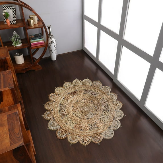 Rugsotic Carpets Hand Woven Jute 6'x6' Round Area Rug Oriental Beige J00003