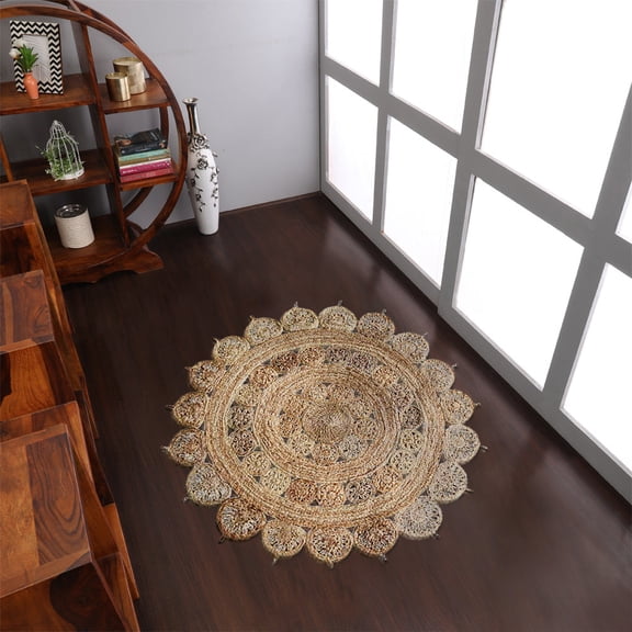 Rugsotic Carpets Hand Woven Jute Eco-Friendly 8'x8' Area Rugs Round Beige Oriental High Pile Natural Fiber Outdoor Indoor Handmade Rug for Living Room, Bedroom J00003