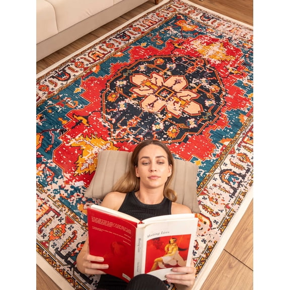Rugsotic Carpets Hand Woven Printed Cotton & Polyester 5'x8' Area Rug Oriental Multicolor WP0004