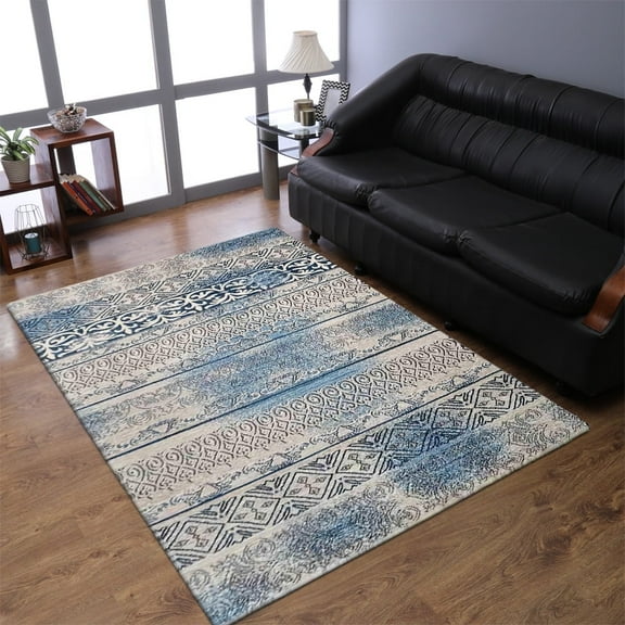 Rugsotic Carpets Machine Made Heatset Polypropylene Area Rugs - 4'4''X6'4'', Rectangle, Beige Blue, Contemporary Modern, High Pile Machine Made Area Rugs For Living Room, Bed Room (M00005)