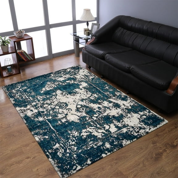 Rugsotic Carpets Machine Made Heatset Polypropylene Area Rugs - 4'X6', Rectangle, Ivory Blue, Abstract Modern Design, High Pile Machine Made Area Rugs For Living Room, Bed Room (Mx0022)