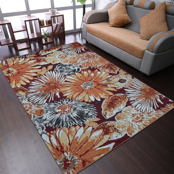 Rugsotic Carpets Machine Made Heatset Polypropylene Area Rugs - 4'X6', Rectangle Shape, Beige Caramel Color, Floral Modern Design, High Pile Machine Made Area Rugs For Living Room, Bed Room (M00030)