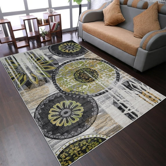 Rugsotic Carpets Machine Made Heatset Polypropylene Area Rugs - 4'X6', Rectangle Shape, Beige Green Color, Contemporary Modern Design, High Pile Machine Made Area Rugs For Living Room (M00052)