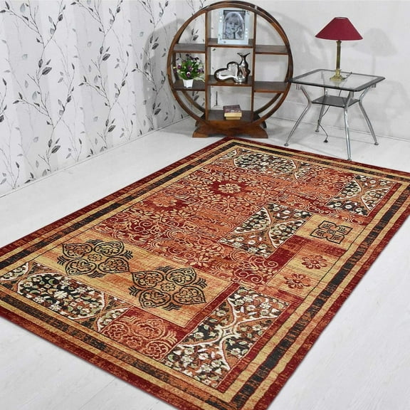 Rugsotic Carpets Machine Made Heatset Polypropylene Area Rugs - 4'X6', Rectangle Shape, Red Color, Classic Oriental Traditional Design, High Pile Machine Made Area Rugs For Living Room (M00042)