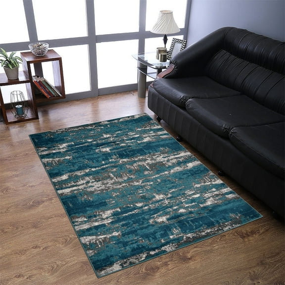 Rugsotic Carpets Machine Made Heatset Polypropylene Area Rugs - 4'X6', Rectangle Shape, Silver Blue Color, Abstract Modern Design, High Pile Machine Made Area Rugs For Living Room, Bed Room (M00031)