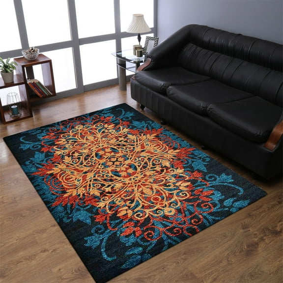 Rugsotic Carpets Machine Made Heatset Polypropylene Area Rugs - 8'X10', Rectangle, Caramel Blue, Floral Modern Design, High Pile Machine Made Area Rugs For Living Room, Bed Room (Mx0012)