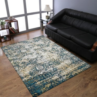 Rugsotic Carpets Machine Made Heatset Polypropylene Area Rugs - 8'X10', Rectangle, Ivory Blue, Abstract Modern Design, High Pile Machine Made Area Rugs For Living Room, Bed Room (Mx0006)