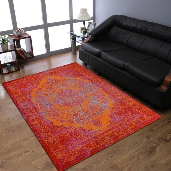 Rugsotic Carpets Machine Made Heatset Polypropylene Area Rugs - 8'X10', Rectangle, Orange Red, Classic Oriental Traditional , High Pile Machine Made Area Rugs For Living Room, Bed Room (M00020)