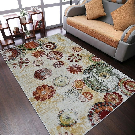 Rugsotic Carpets Machine Made Heatset Polypropylene Area Rugs - 9'X12', Rectangle Shape, Beige Color, Floral Modern Design, High Pile Machine Made Area Rugs For Living Room, Bed Room (M00055)