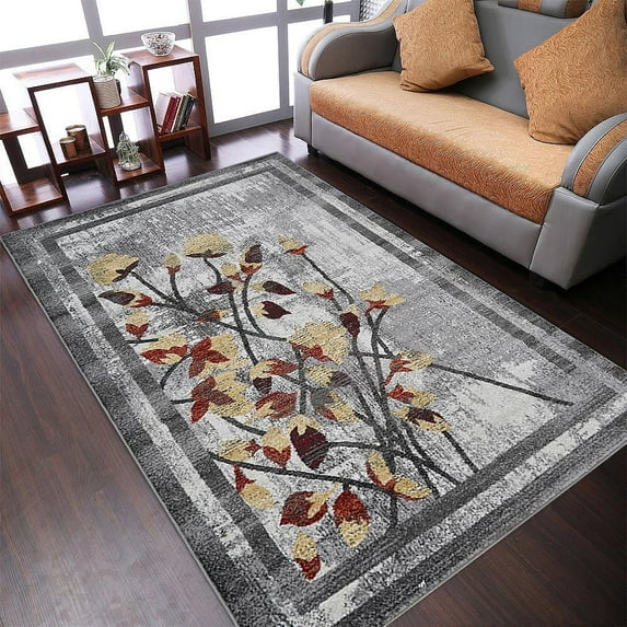 Rugsotic Carpets Machine Made Heatset Polypropylene Area Rugs - 9'X12', Rectangle Shape, Silver Color, Floral Modern Design, High Pile Machine Made Area Rugs For Living Room, Bed Room (M00023)