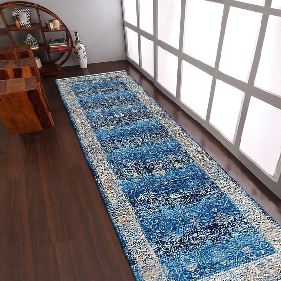Rugsotic Carpets Machine Woven Crossweave Area Rugs - 2'6''X9'10'', Runner,Blue,Classic Oriental Traditional , Low Pile Machine Made Area Rugs For Living Room, Bed Room (M00074)