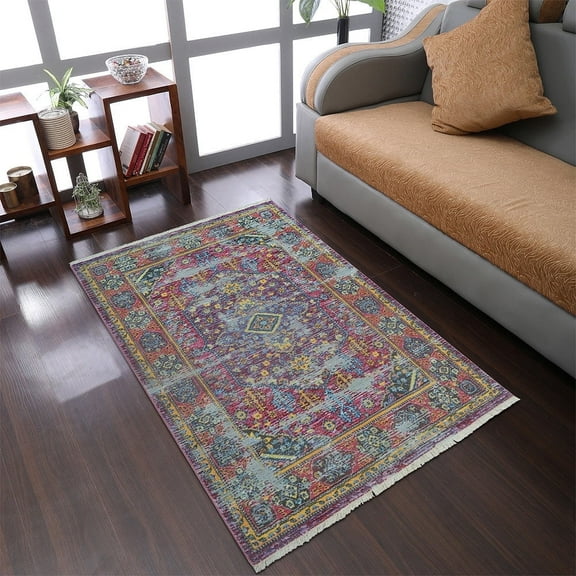 Rugsotic Carpets Machine Woven Crossweave Area Rugs - 2'X3'10'', Rectangle,Multicolor,Classic Oriental Traditional , Low Pile Machine Made Area Rugs For Living Room, Bed Room (M00060)