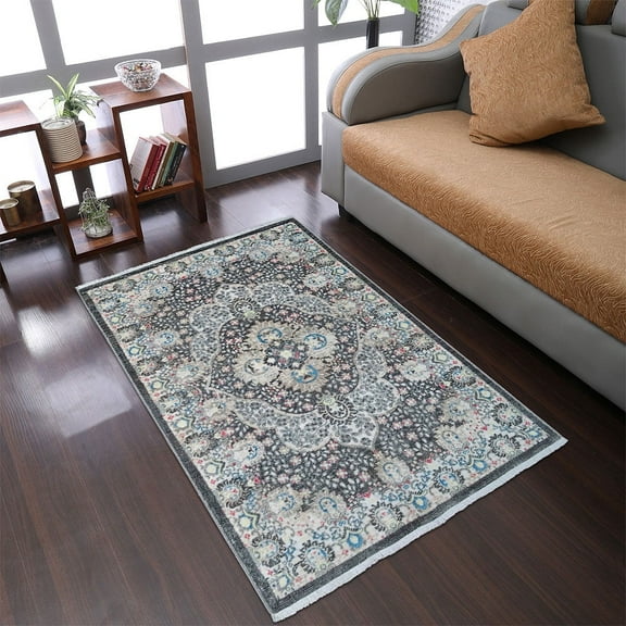 Rugsotic Carpets Machine Woven Crossweave Area Rugs - 6'X9', Rectangle,Beige Black,Classic Oriental Traditional , Low Pile Machine Made Area Rugs For Living Room, Bed Room (M00094)