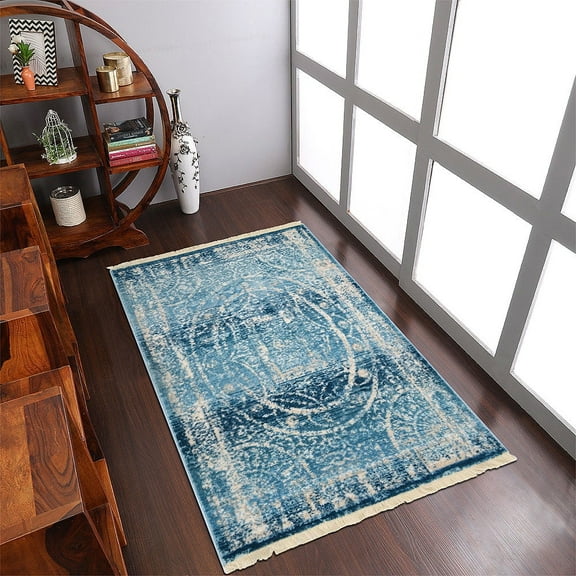 Rugsotic Carpets Machine Woven Crossweave Area Rugs - 6'X9', Rectangle,Blue,Classic Oriental Traditional , Low Pile Machine Made Area Rugs For Living Room, Bed Room (M00078)