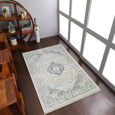 Rugsotic Carpets Machine Woven Crossweave Area Rugs - 6'X9', Rectangle,Cream,Classic Oriental Traditional , Low Pile Machine Made Area Rugs For Living Room, Bed Room (M00076)