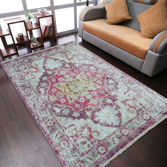 Rugsotic Carpets Machine Woven Crossweave Area Rugs - 6'X9', Rectangle,Pink,Classic Oriental Traditional , Low Pile Machine Made Area Rugs For Living Room, Bed Room (M00073)