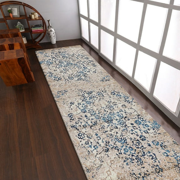 Rugsotic Carpets Machine Woven Heatset Polypropylene 3'2''x10' Runner Area Rug Floral Beige Blue M00011