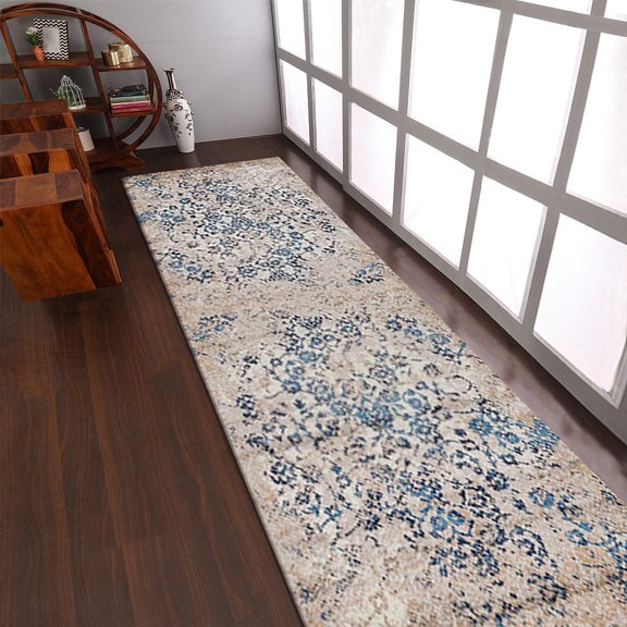 Rugsotic Carpets Machine Woven Heatset Polypropylene 3'2''x10' Runner Area Rug Floral Beige Blue M00011