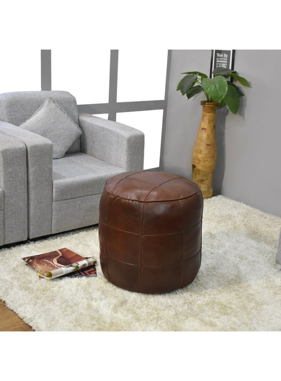 Rugsotic Carpets, Solid Handmade Goat Leather Round Pouf (Recycled Cotton Fill) Brown Color 18"x18"x18"