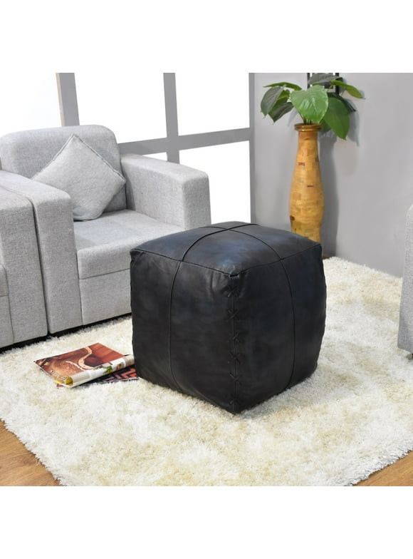 Rugsotic Carpets, Solid Handmade Goat Leather Square Pouf (Recycled Cotton Fill) Vintage Blue Color 18"x18"x18"