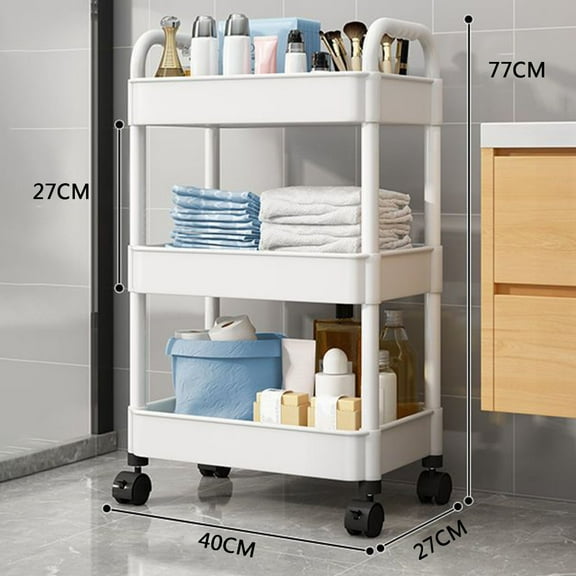 Ruhiku GW 3-Tier Plastic Rolling Cart with Handle, Classic Utility Mesh Storage Cart, Multifunctional Storage Shelves for Kitchen Living Room Office, Movable Storage Organizer Shelves, White