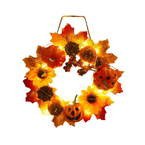 Ruhiku GW Fall Wreaths for Front Door with Lights, Harvest Wreath with Sunflower,Pumpkin,Berry and Pinecone,Farmhouse Fall Wreath for Thanksgiving Halloween and Christmas Indoor Outdoor