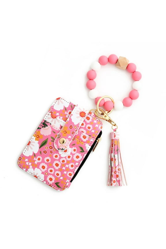 Flower Keychain Wristlet Wallets for Women Cute Boho Silicone Beaded Credit Card Holder Key Ring Bracelet Wallet