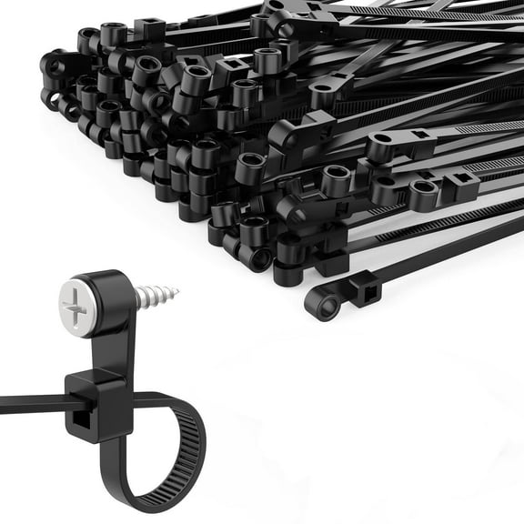 RuiJiao 100Pcs Heavy Duty Nylon Cable Ties with Screw Hole (4x200mm, Black), High Temperature Resistant for Home and Industrial Wiring