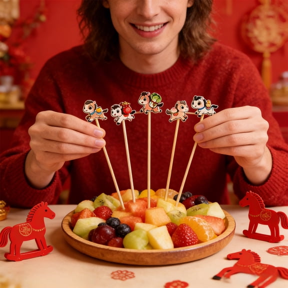 RuiJiao 100pc Isposable Fruit Picks Horse Shaped Bamboos Sticks For Fruit Decoration